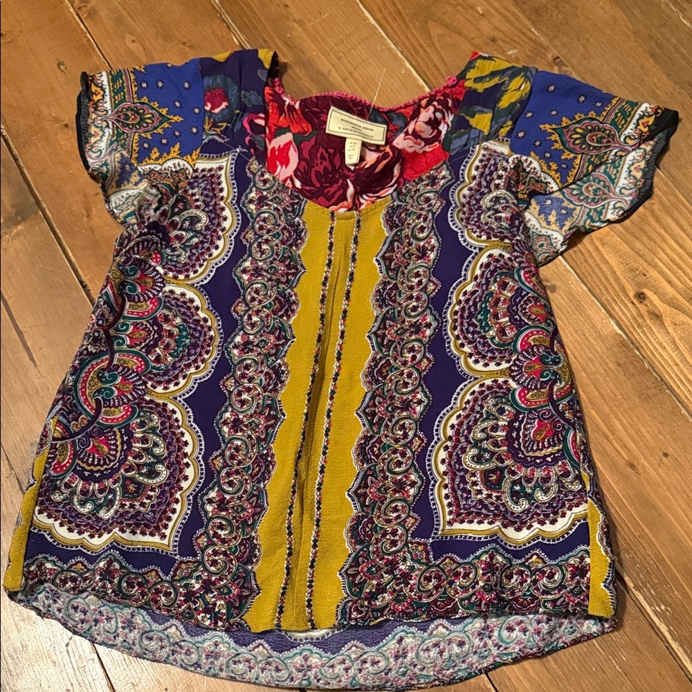 Anthropologie Yellow & Purple Paisley Short Sleeve Blouse